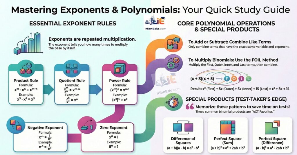 Exponents and Polynomials Simplifying and performing operations on polynomials ACT Elementary Algebra Math Guide