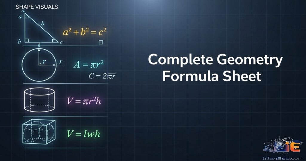 Complete Geometry Formula Sheet — Every Formula for Angles, Triangles, Circles, 3D Shapes and Coordinate Geometry