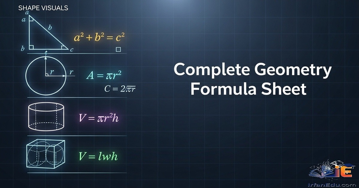 Complete Geometry Formula Sheet — Every Formula for Angles, Triangles, Circles, 3D Shapes and Coordinate Geometry