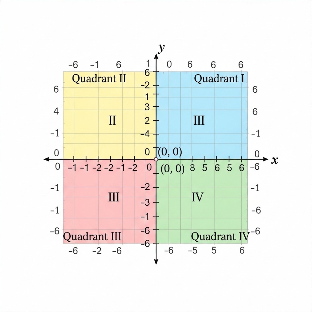 Labeled coordinate plane showing x-axis, y-axis, origin, and four quadrants for graphing lines