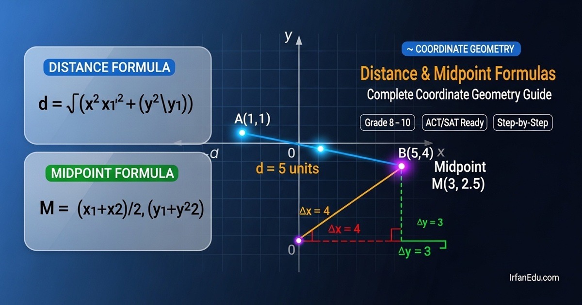 Distance and Midpoint Formulas — Complete Coordinate Geometry Guide showing two points on an x-y grid with distance and midpoint calculations