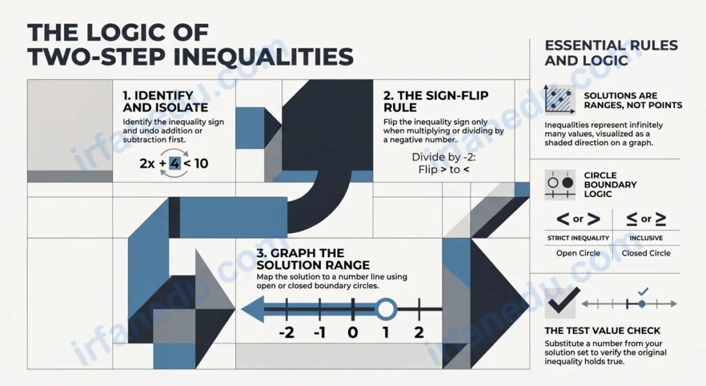 2 step inequalities worksheet printable PDF with worked examples and answer key for algebra students