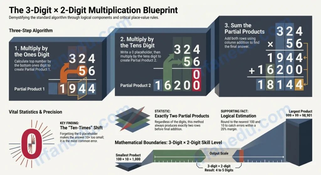 3 digit by 2 digit multiplication step-by-step diagram showing standard algorithm with regrouping on a teal background