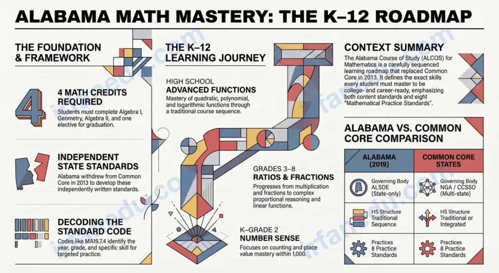 Alabama Course of Study Math grade-by-grade standards chart with worked examples for students and parents