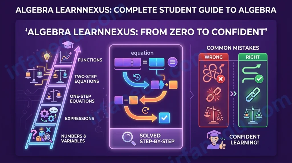 Algebra LearnNexus student guide showing variables, equations, and step-by-step problem solving on a purple chalkboard