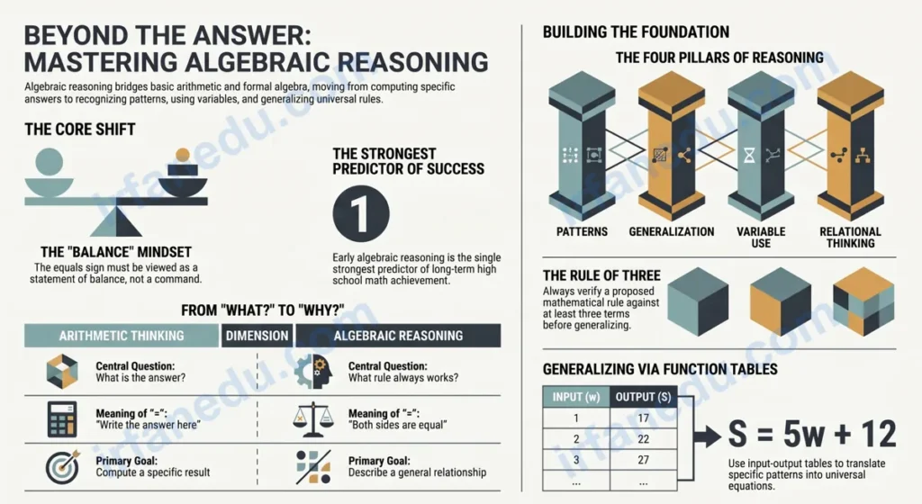 Algebraic reasoning concept diagram showing variables, patterns, and equations on an orange-themed math background