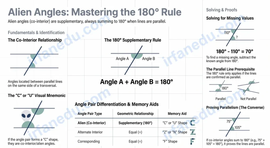 Alien angles diagram showing co-interior angles formed by a transversal crossing two parallel lines, labeled with teal highlights