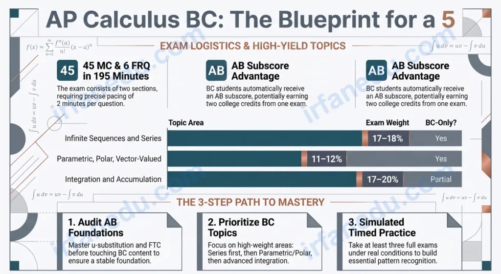 AP Calc BC practice test question sheet with calculus formulas, graphs, and multiple choice answers on a teal background