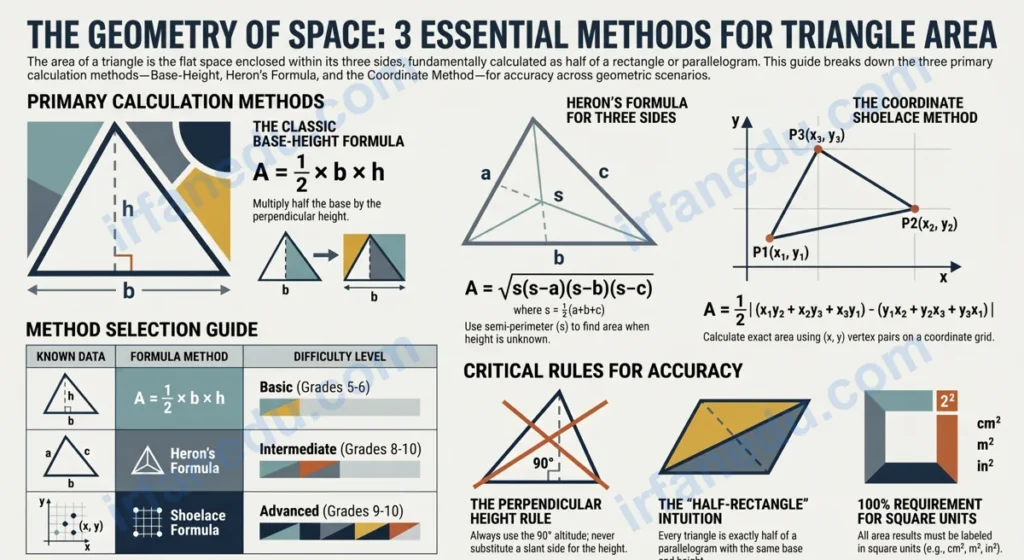 Area of a triangle worksheet showing base-height formula, worked examples, and printable practice problems for students