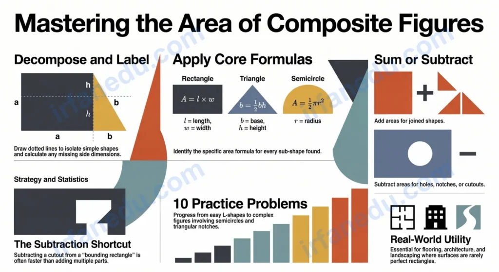 Area of composite figures worksheet showing L-shape, T-shape and rectilinear figures with labeled dimensions for grades 6-8