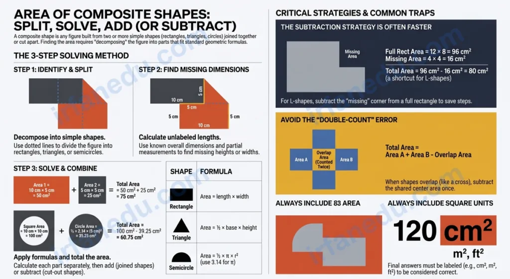 Area of composite shapes worksheet showing L-shape, T-shape and rectilinear figures with labeled dimensions and area formulas