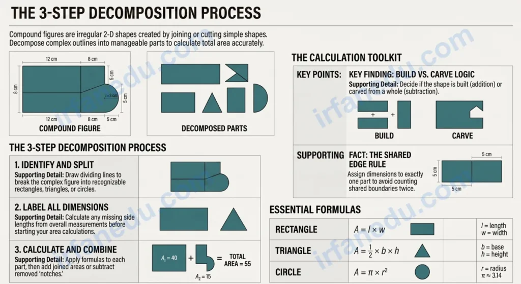 Area of compound figures worksheet showing L-shape, T-shape and irregular polygons with labeled dimensions for grades 5-8