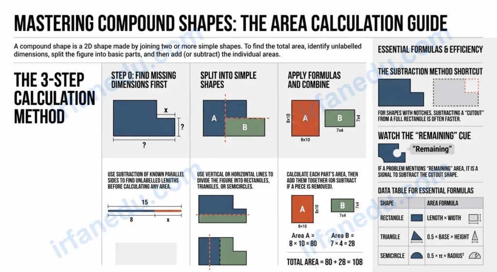 Area of compound shapes worksheet showing L-shape, T-shape, and composite figure problems with labeled dimensions