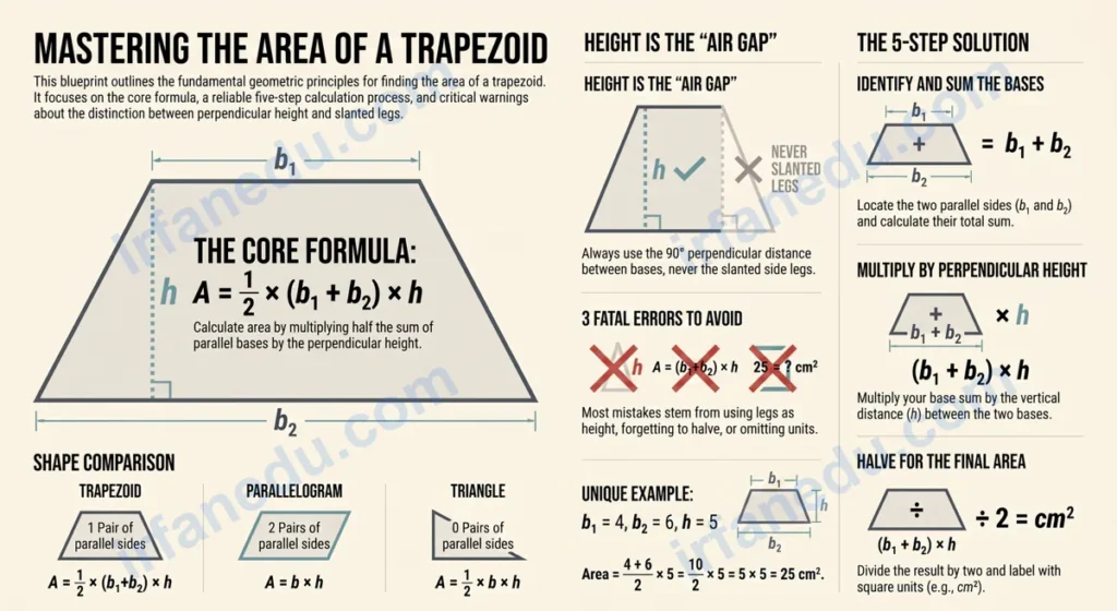 Area of trapezoid worksheet showing formula A equals half times sum of parallel sides times height with labeled diagram