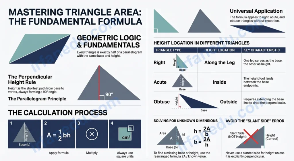 Area of triangle activity sheet showing formula A equals half base times height with labeled diagrams and practice problems