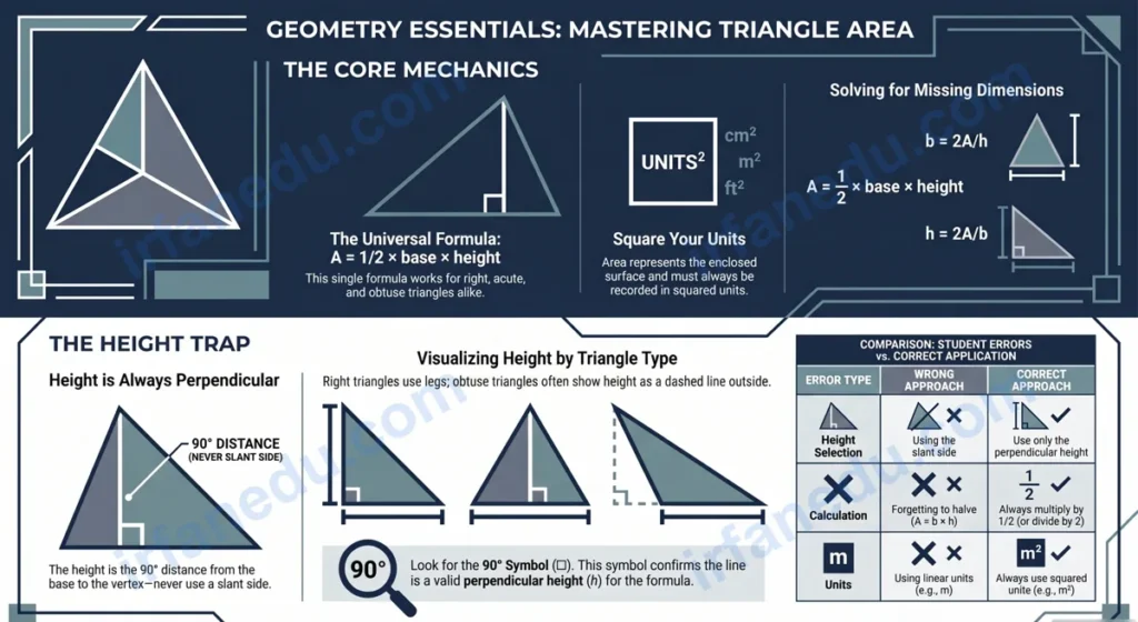 Area of triangles worksheet showing triangle diagrams with base and height labels and the formula A equals half base times height