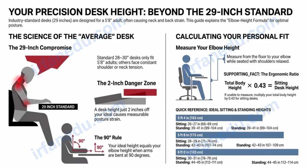 Average desk height calculator showing ergonomic sitting and standing desk height recommendations based on body measurements