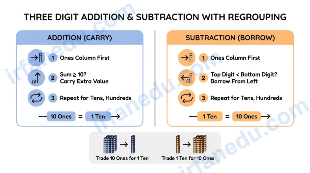 three digit addition and subtraction with regrouping