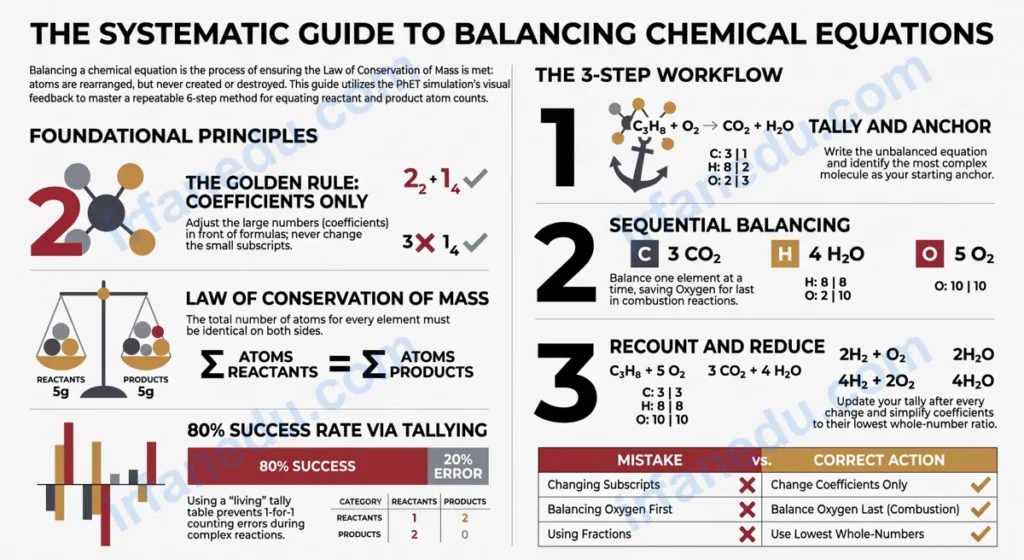 Balancing chemical equations PhET simulation screenshot showing atoms being counted on both sides of a reaction