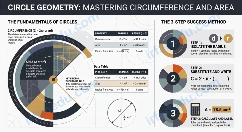 Circumference and area of a circle worksheet printable PDF with formulas C=2πr and A=πr² shown on a colourful diagram