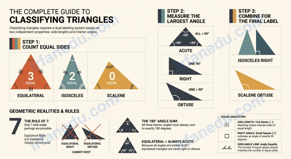 Classifying triangles worksheet showing equilateral isosceles scalene acute right obtuse triangle types with labels