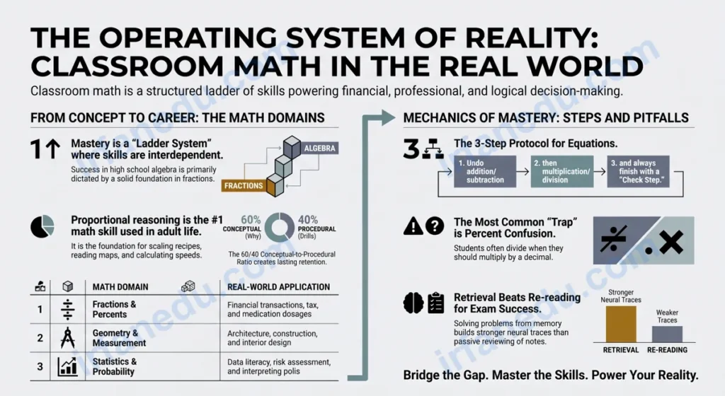 Classroom math concepts illustrated with real-world applications including budgeting, geometry, and algebra on a chalkboard