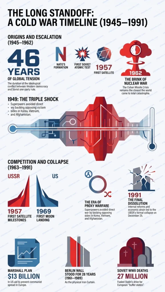 Cold War timeline for students showing key events from 1945 to 1991 between USA and USSR