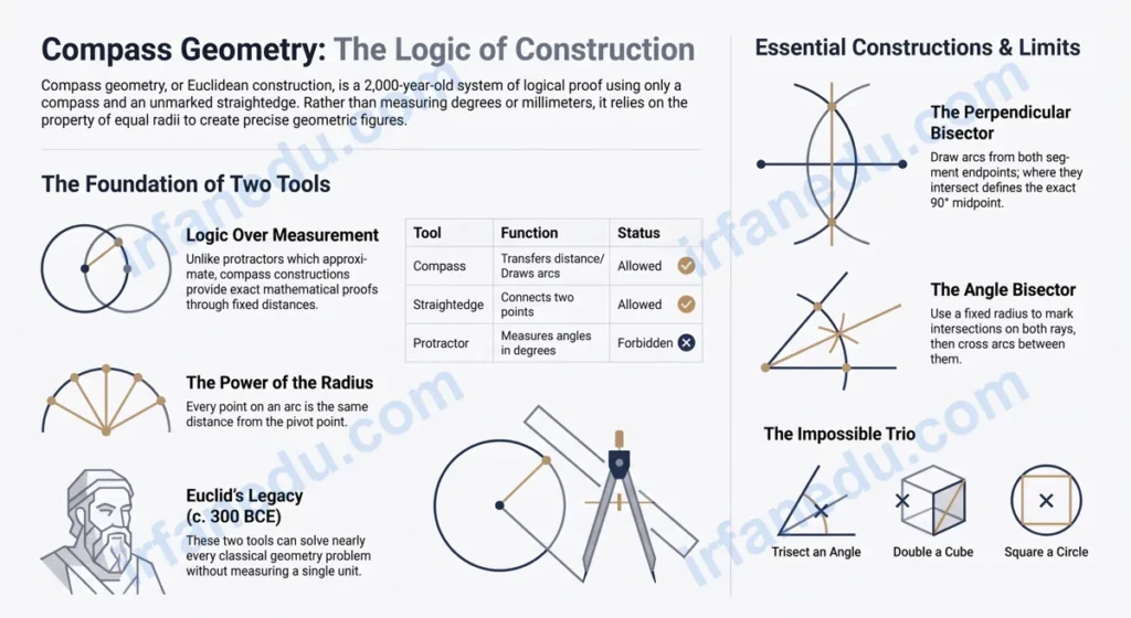 Student using a compass to draw geometric constructions on paper with ruler and pencil, compass geometry diagram