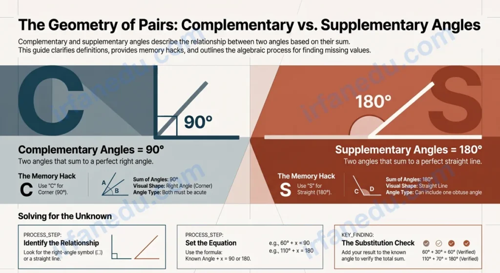 Complementary and supplementary angles worksheet diagram showing 90-degree and 180-degree angle pairs with labeled examples