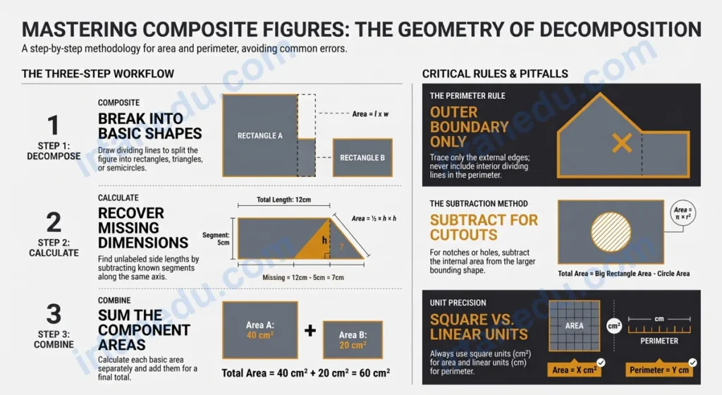 Composite figure diagram showing an L-shape decomposed into two rectangles with labeled dimensions and area calculations