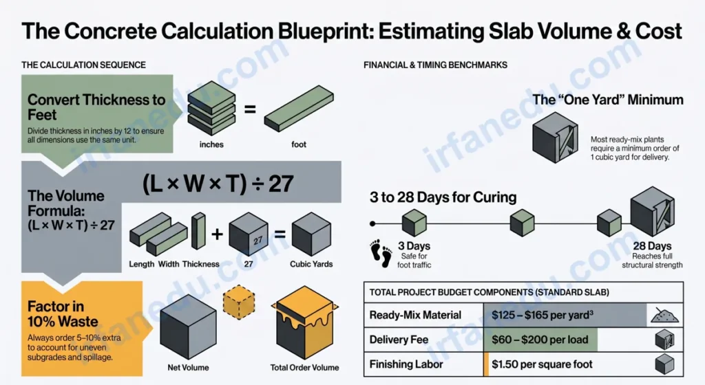 Concrete price calculator showing slab dimensions, cubic yards, and total cost estimate on a construction site background