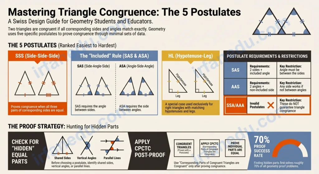 Congruent triangles worksheet showing SSS SAS ASA AAS HL postulates with labeled triangle diagrams and answer key