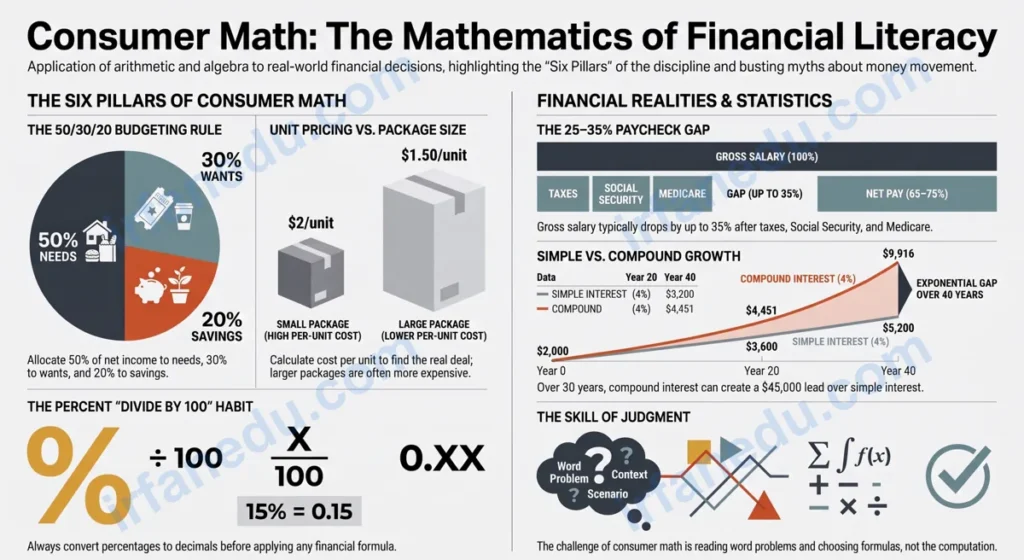 Consumer math concepts including budgeting, interest rates, taxes and discounts shown as a colorful infographic for students