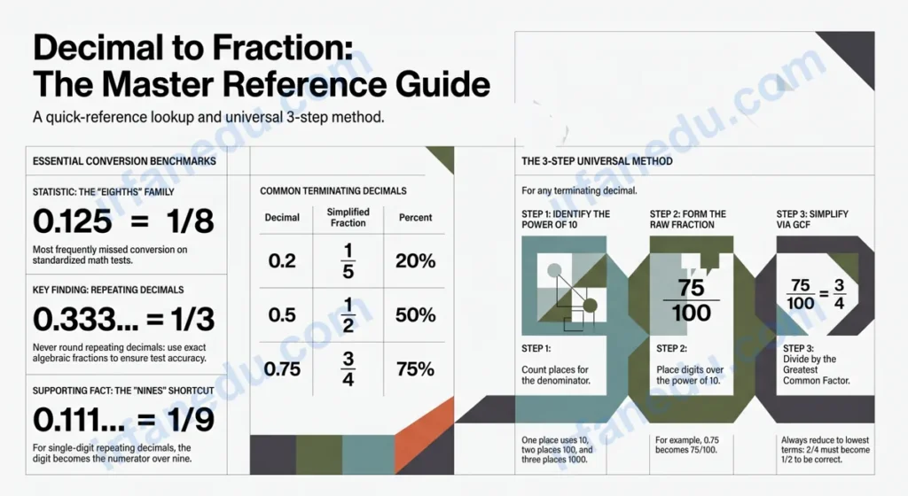 Decimal to fraction table reference chart showing common decimals 0.1 to 0.999 with simplified fraction equivalents for students
