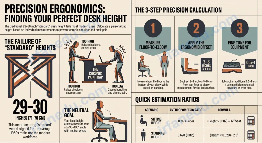 Desk height standard calculator showing ergonomic sitting and standing desk height measurements for different body heights