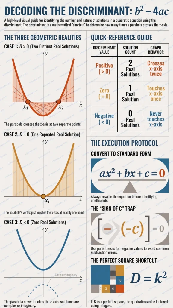 Discriminant formula b squared minus 4ac shown inside quadratic formula with three cases positive negative zero