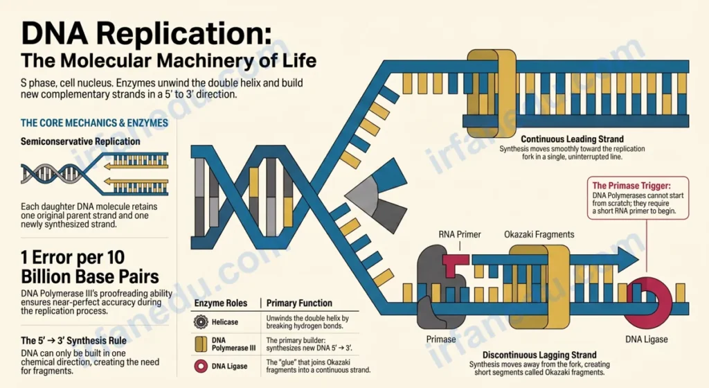 DNA replication modeling diagram showing replication fork, leading strand, lagging strand, and key enzymes for students