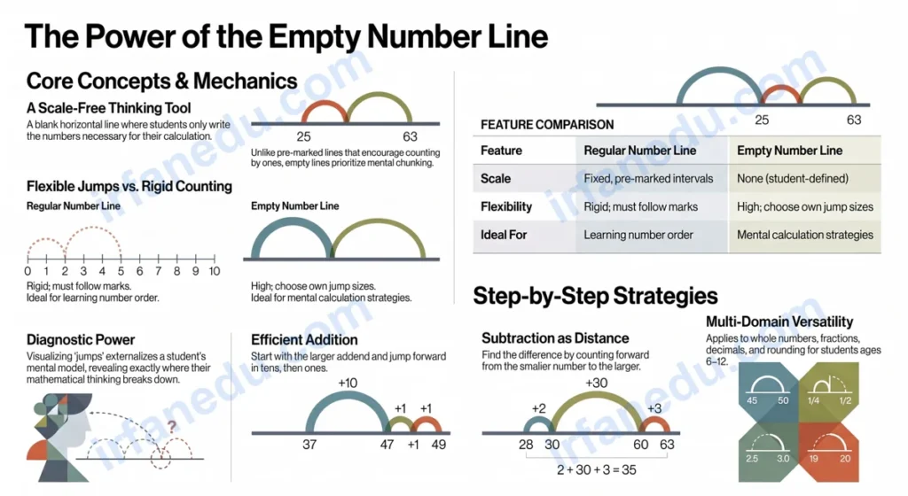 Empty number line diagram showing addition and subtraction jumps with arrows for students learning mental math