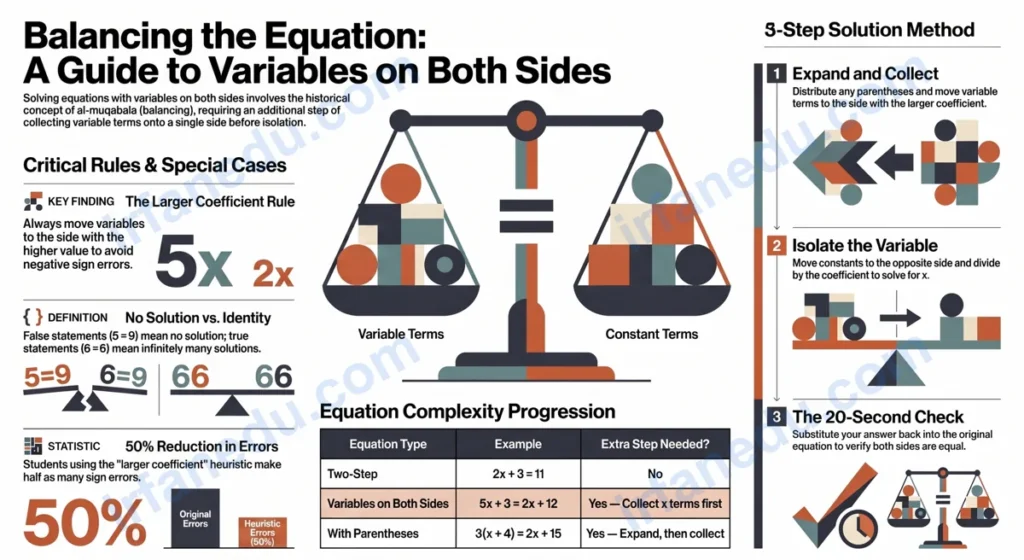 Step-by-step diagram showing how to solve equations with variables on both sides using inverse operations and balance method