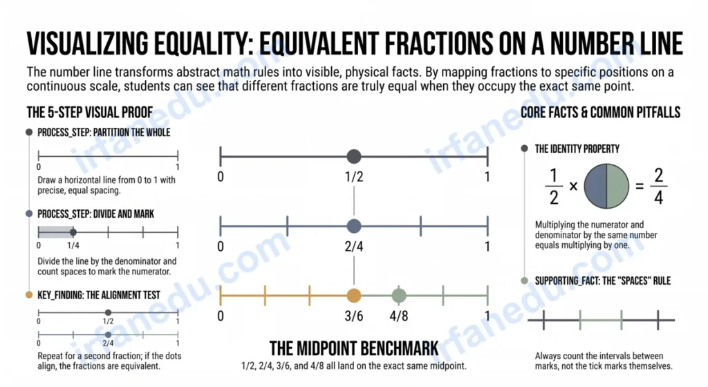 Equivalent fractions on a number line showing 1/2, 2/4, and 3/6 marked at the same point on a colorful number line diagram