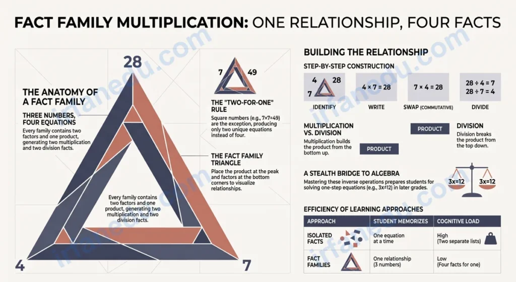 Fact family multiplication triangle showing 3, 4, and 12 with four related multiplication and division equations written around it