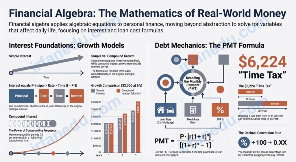 Financial algebra concepts including interest formulas, loan calculations, and budget graphs on a purple-themed math worksheet