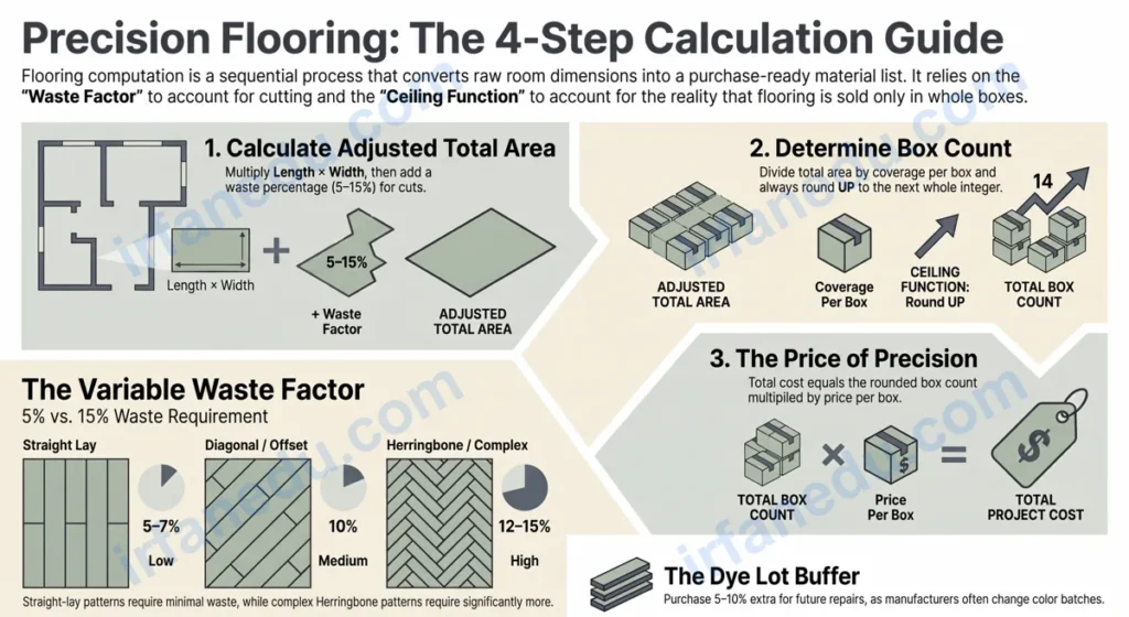 Flooring computation calculator showing room dimensions, square footage, waste factor, and total cost on a bright green and white interface