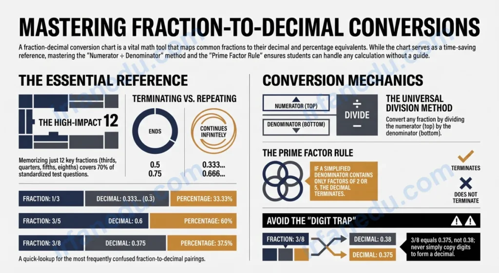 Fraction decimal conversion chart showing common fractions and their decimal equivalents on a clean colorful reference table