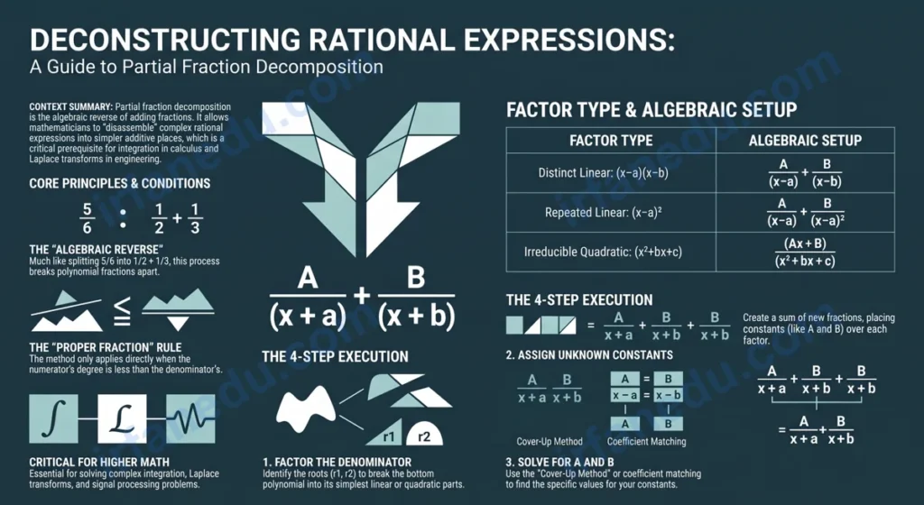 Fraction decomposition calculator showing a rational expression split into partial fractions with step-by-step algebra solution