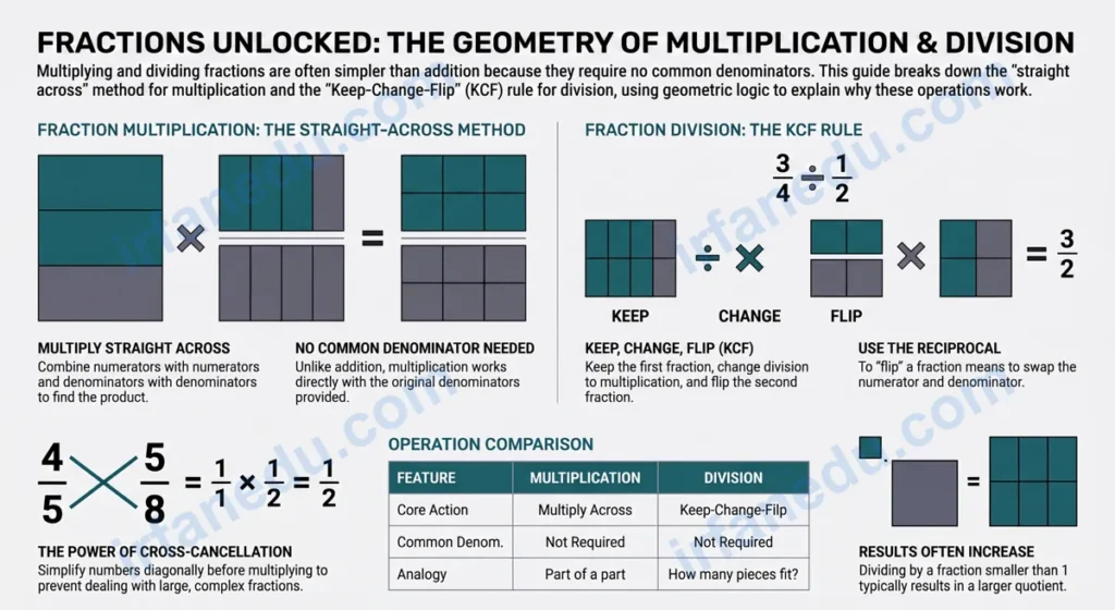 Fraction division and multiplication worksheets printable PDF with worked examples for grades 5 to 7