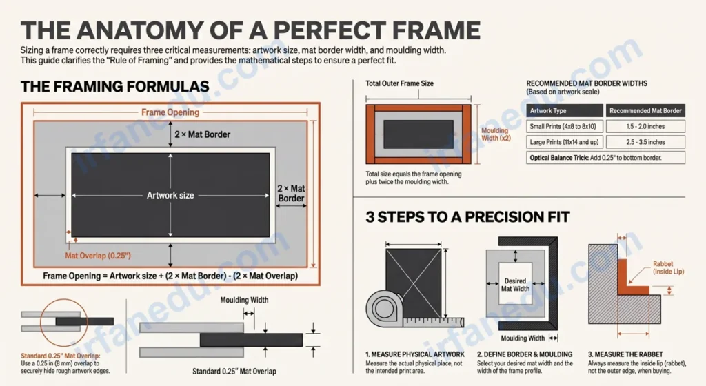 Frame image size calculator showing photo dimensions, mat border width, and outer frame measurements on a diagram