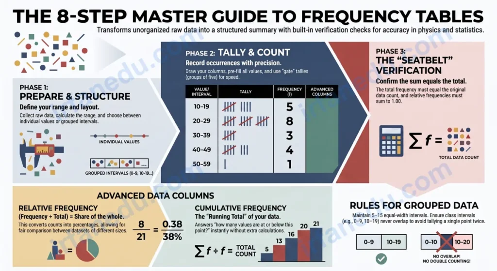Frequency table maker diagram showing tally marks, frequency counts, and relative frequency columns for student data analysis