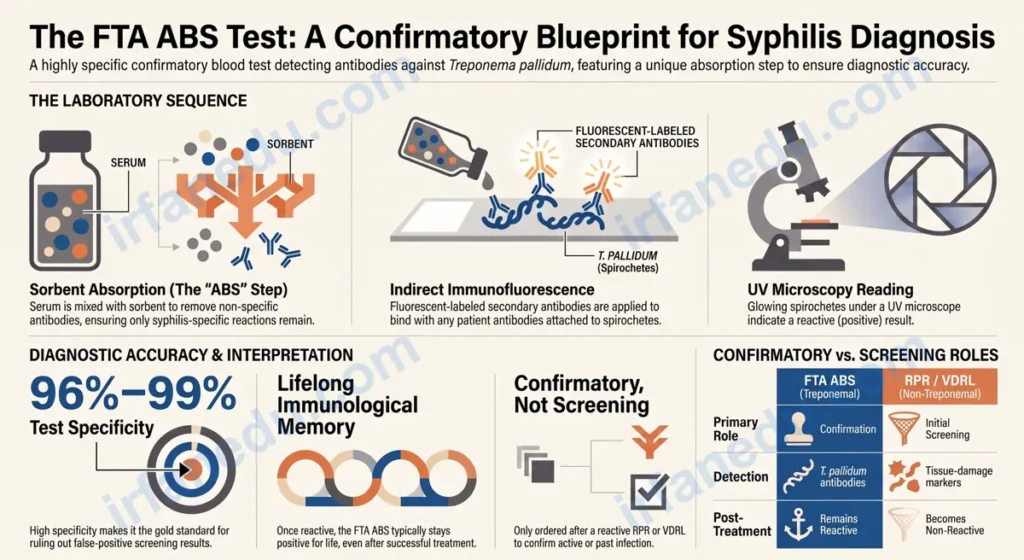 FTA ABS test diagram showing fluorescent antibody detection process for syphilis diagnosis in a medical lab