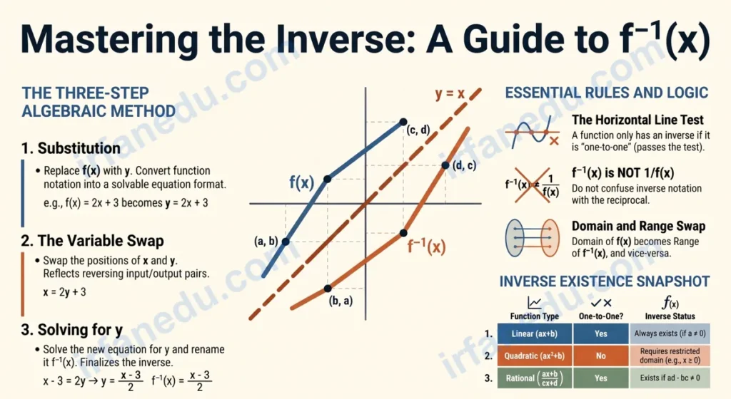 Function inverse calculator showing f(x) and f⁻¹(x) on a coordinate plane with y=x reflection line, algebra math tool